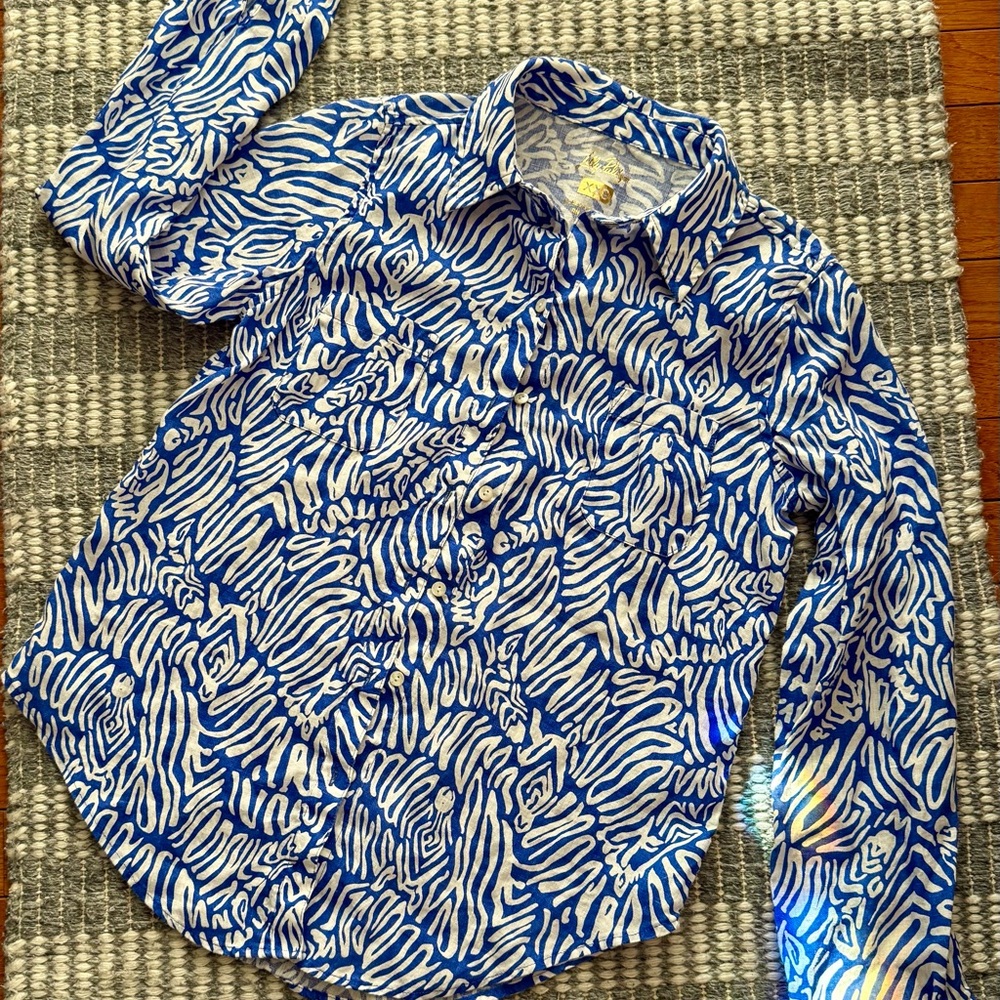 Lilly Pulitzer Blue and White Zebra Print Button-Down Shirt